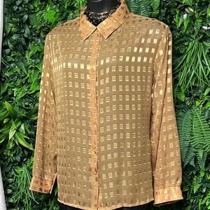 Y2K Joanna Top Size 3X Gold Sheer Checkered Long‎ Sleeve Button Up Shirt 3347